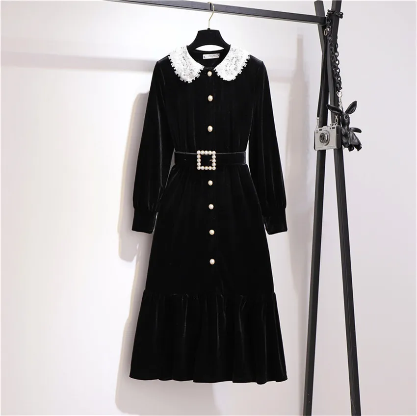 

2019 Autumn Winter Vintage Women Gold Velvet Dresses Lady Long Sleeve Lace Dress Midi long Sashes Dress Vestidos Femininas W1078