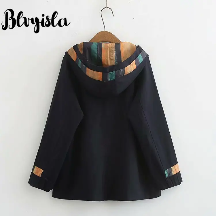 Blvyisla 4XL размера плюс контрастные цвета Лоскутные Двойные карманы на молнии с капюшоном Хлопок Тренч женские шикарные ветровки пальто Топы