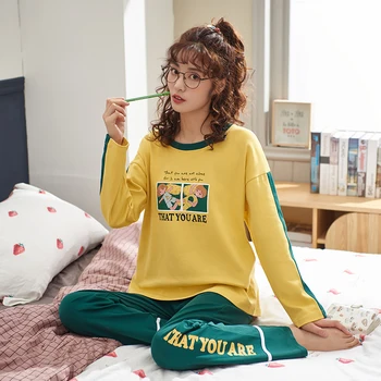 

Women Pajamas Sets Spring Autumn New Long Sleeve Cartoon Printed Cute Sleepwear Korean Style Simple Homewear Female Chic Pajamas