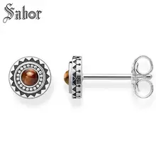 Серьги-гвоздики, Круглые, солнечные, тигровый глаз, Богемия, подарок для женщин, высокое качество, серьги, 925 пробы, серебро, модное ювелирное изделие thomas