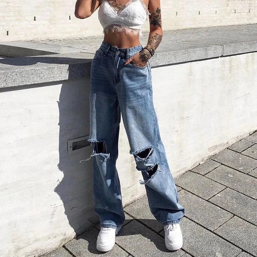 Sisterlinda, Осень-зима, Harajuku, ажурные джинсы, женские, одноцветные, чистые, повседневные, свободные, тонкие, расклешенные, с высокой талией, джинсы с дырками, женские штаны