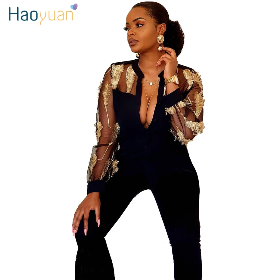 

HAOYUAN Sexy Feather Embroidery Bodycon Jumpsuit One Piece Overalls Club Outfits Mesh Sheer Long Sleeve Rompers Womens Jumpsuit