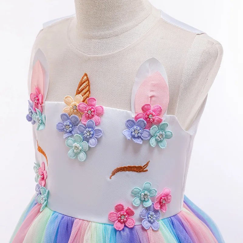

INS 2019 New Style Childrenswear Girls Dress Mesh Dress Colored Mosaic Unicorn