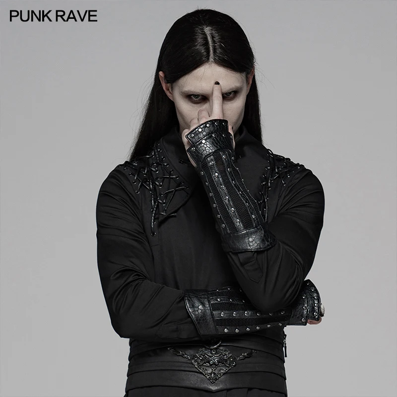 

PUNK RAVE Men Steampunk Retro Leather Rivets Fingerless Gloves PU Army Motorcycle Men Glove