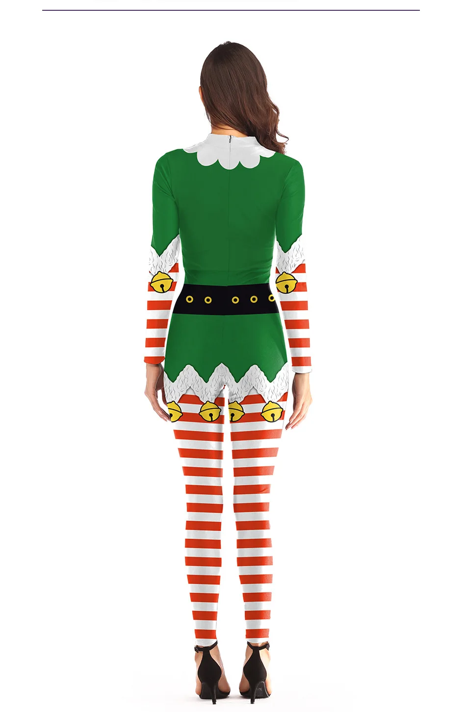 Рождественский костюм, карнавальный костюм, женский зеленый костюм эльфа в полоску, Облегающий комбинезон, Женский сценический костюм