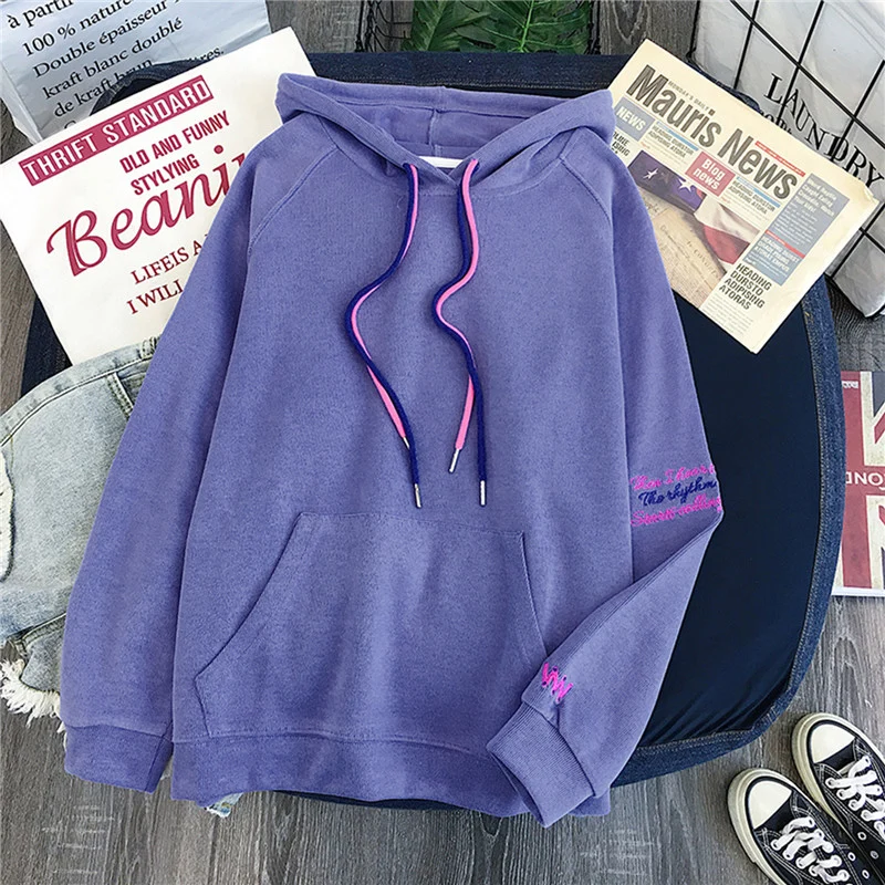 Женские толстовки на осень и зиму, новые корейские Ulzzang, Harajuku, винтажные BF толстовки, женские модные свободные толстовки с капюшоном, уличная одежда - Цвет: Фиолетовый