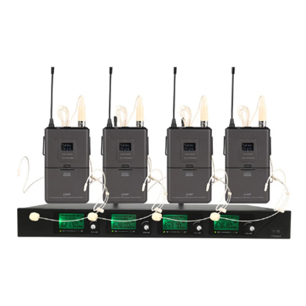 

4-channel UHF wireless microphone system with 4 head-mounted microphones for stage church family gatherings