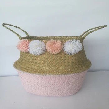 

Seagrass Basket Flower Plants Pots With Pom Pom Trim Storage Home Decor 36*31cm Hanging Flower Pot Laundry Hamper Storage Basket