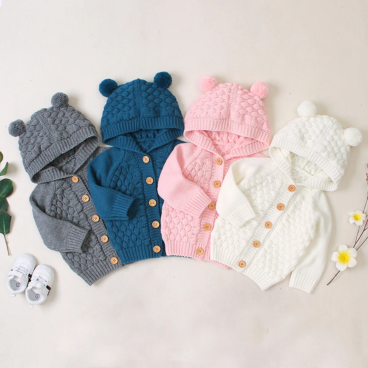 

Autumn Newborn Baby Boy Girl Clothes Children's Solid-Color Sweater, Three-Dimensional Wool Ball And Cap Knitted Jacket