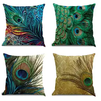 

Vintage Peacock Feather Print Pillow Cover 45x45cm Pillow Case Cotton Linen Square PillowCase Home Hotel Car Decor