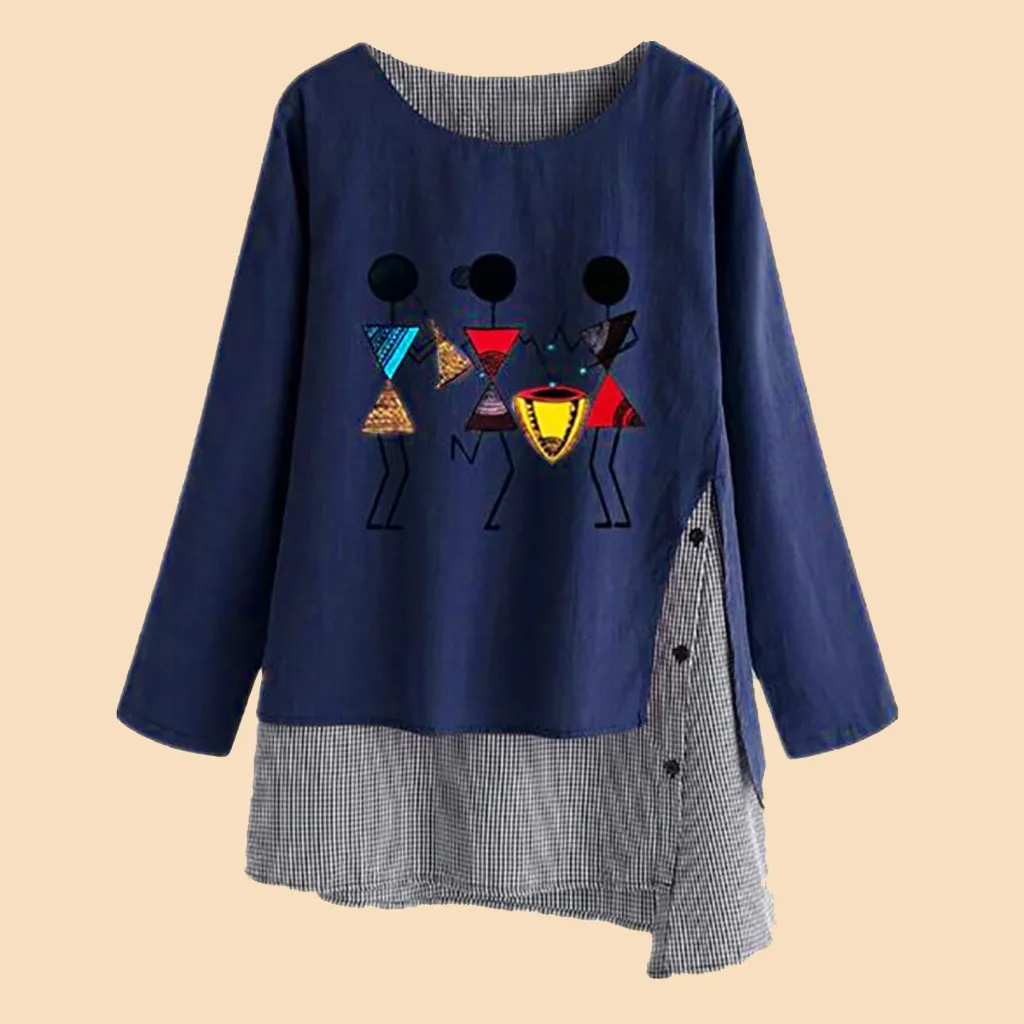 

Women Linen Blouse 2019 Summer Autumn Plus Size Tops Long Sleeve Splice Print Casual Tops