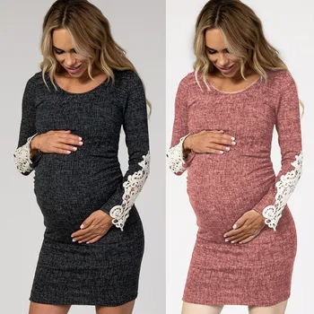 

Sexy Lady Fashion Quality Solid Lace Mini Dress For Maternity Pregnant Women Round Neck Long Sleeve Appliqued Patchwork Dress