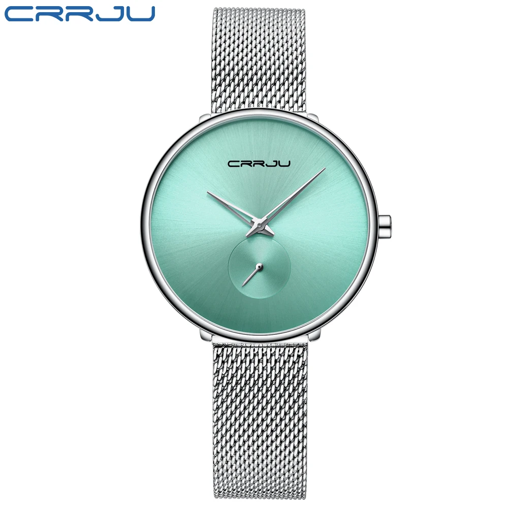 Модные женские часы, Роскошные, CRRJU, повседневные, простые, для девушек, на каждый день, сетчатые, наручные часы, минималистичные, водонепроницаемые, кварцевые, женские часы - Цвет: Silver Green