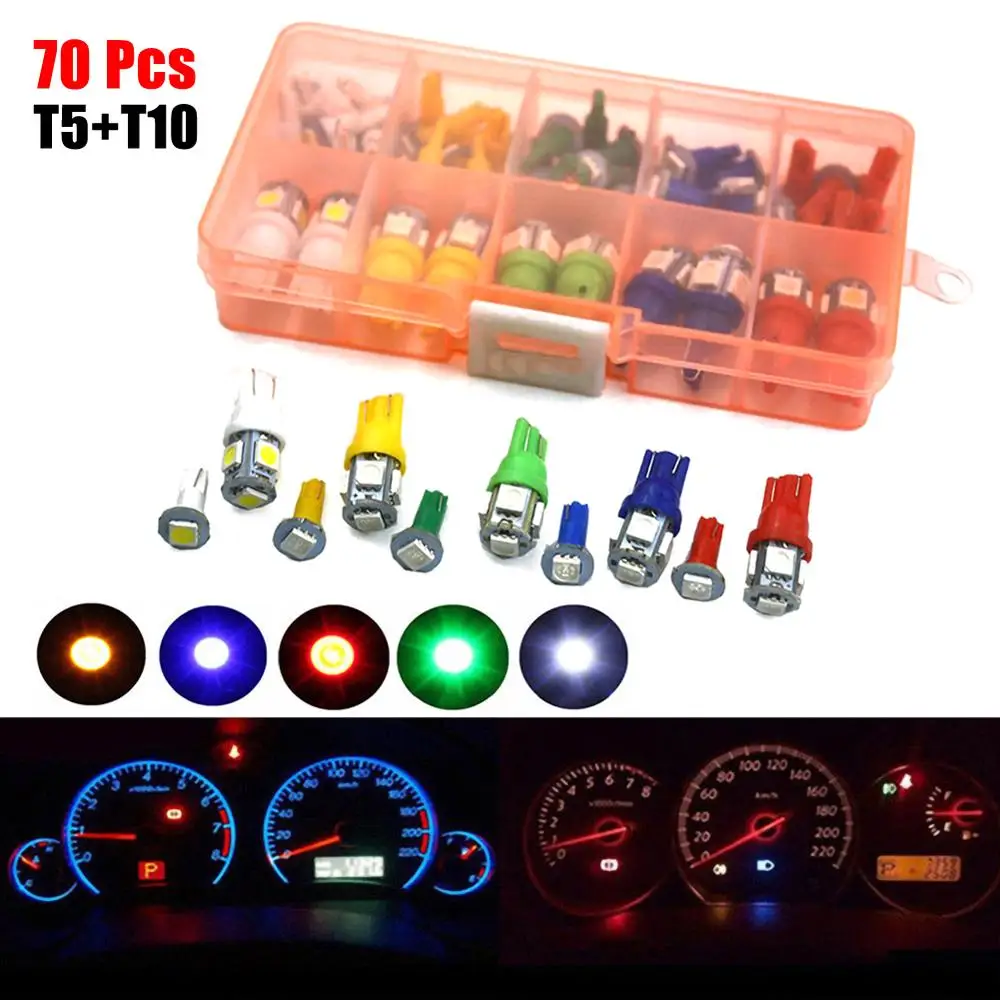 

70 Pcs/ set Car T5+T10 LED Instrument Panel Cluster Plug Dash Light Bulb Indicator Signal Light Corner LED Light Car Accessories