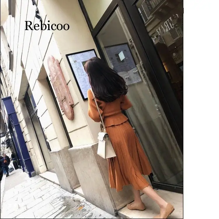 Knitting Pleated Skirt Suit Autumn Winter V Neck Sweater Pullovers Elastic Waist Long Skirt Sets 2 Piece Set