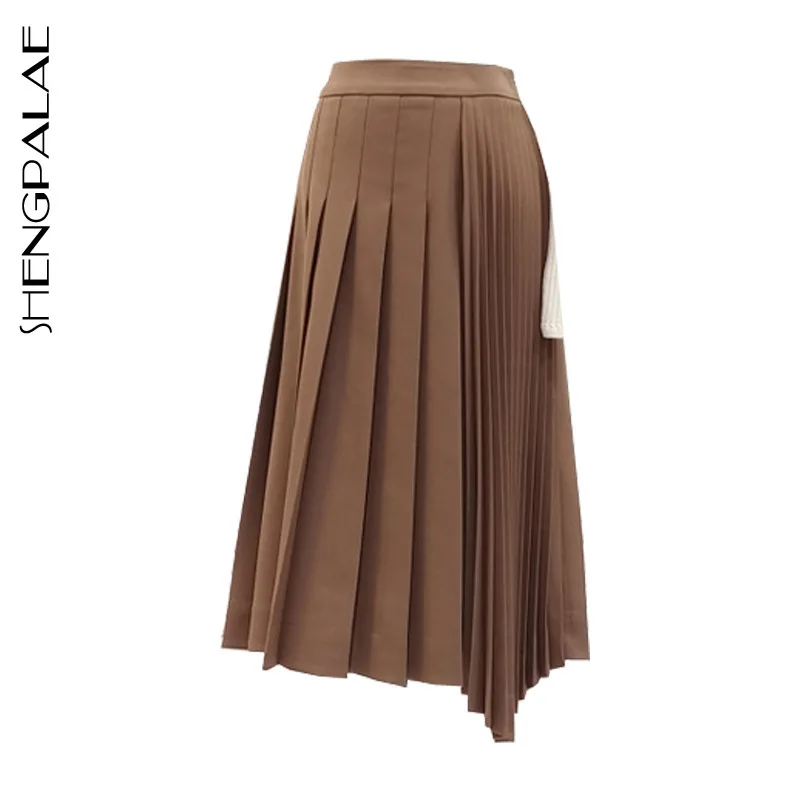 

SHENGPALAE New 2019 Spring Autumn Japan Korea Style Women Knee-length Empire Waist Irregular Solid Pleated A-line Skirt FR145