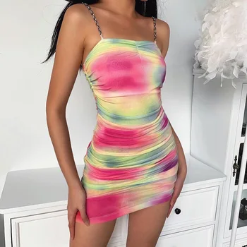 

Summer Women's Color Tie-Dye Chain Sling Sexy Slim Dress Beach dresses woman party night vestidos de fiesta elegant mesh dress