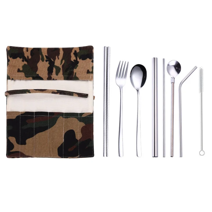Silver Новинка, для возраста от 9 шт./компл. Портативный Нержавеющая сталь набор столовых приборов Ножи, столовая ложка, вилка, соломенная шляпа с упаковка ткани Кухня столовая посуда набор столовых приборов - Цвет: Silver