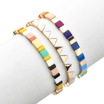 

ZMZY Handmade Small Square Tile Bracelets For Women Rainbow Bangle Stretch Pulseras Bracelets Colorful Fashion Jewelry Gift