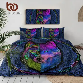 

BeddingOutlet Colorful Wolf Bedding Set Queen Mandala Flower Duvet Cover Geometric Bedclothes Watercolor 3-Piece Home Textiles