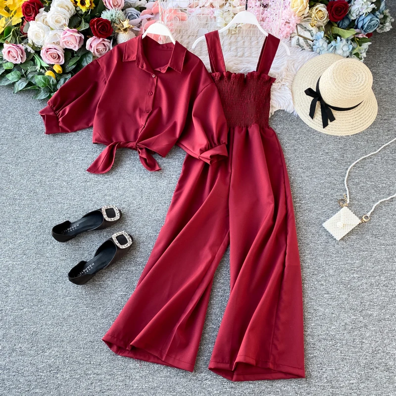 Женский модный костюм, тонкие короткие рубашки с длинным рукавом+ бюстгальтер, высокая талия, широкие ноги, цельный комбинезон, комплекты из двух предметов K806