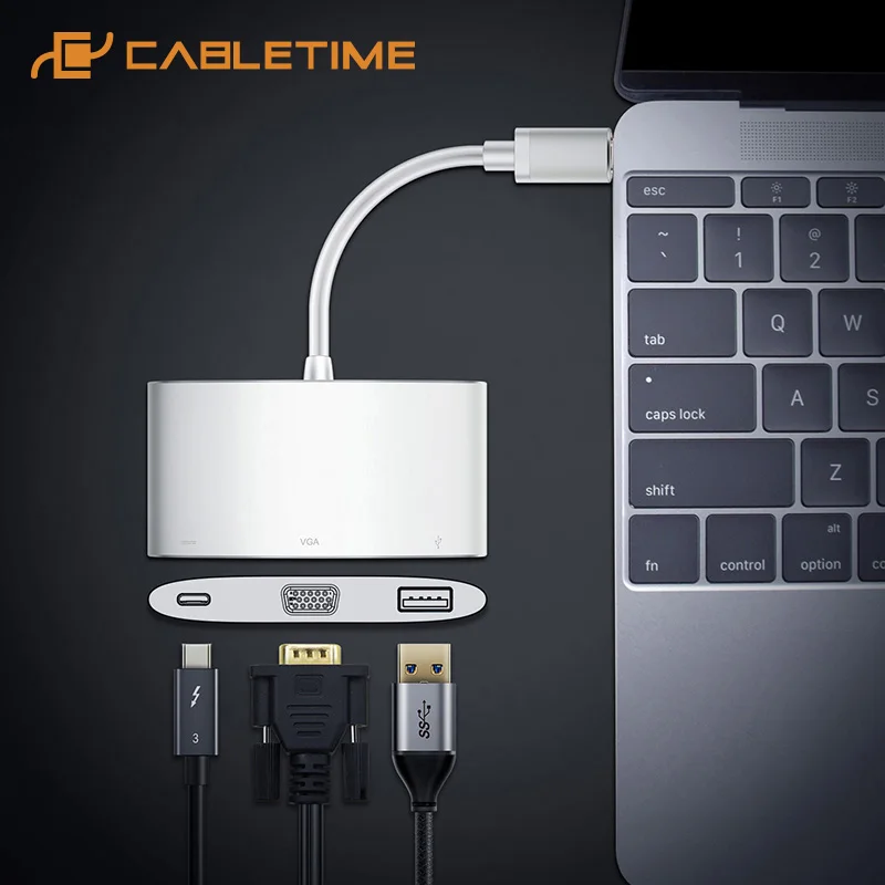 

Cabletime USB C HUB VGA Adapter 3 in 1 USB C VGA USB 3.0 PD Type C 3.1 Converter 60Hz for Macbook Chromebook Adapter C212