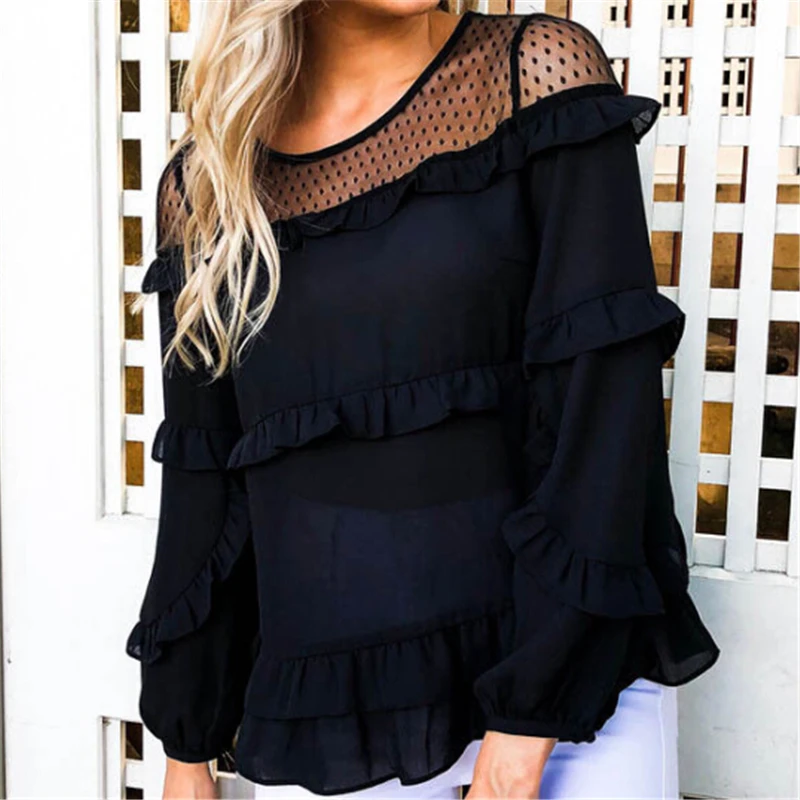 Women Blouses See Through Ladies Tops Long Sleeve Women Tops Loose Blouses Casual Womens Clothing Ruffle Blouse Tunique
