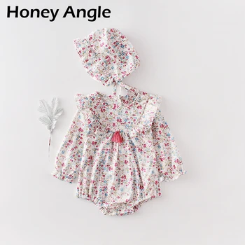 

Honey Angle Spring Kids Rompers For Girls Long Sleeve Floral Printed Baby BodySuit Casual Korean Kids Climbing Clothes With Cap