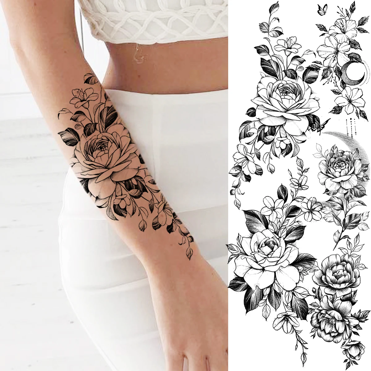 Tatouage Avant Bras Femme Rose Faux Tatouage Temporaire Pour Femmes, Motif Fleur De Rose, Avant-bras,  Taille, Fille Adulte, Pivoine, Lune, Papillon, Art Corporel, Stickers  Lavables - Temporaire Tatouages - AliExpress