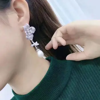 

100% real fresh water pearl earring 925 sterling silver flower earring long drop earring fine women jewelry free shipping