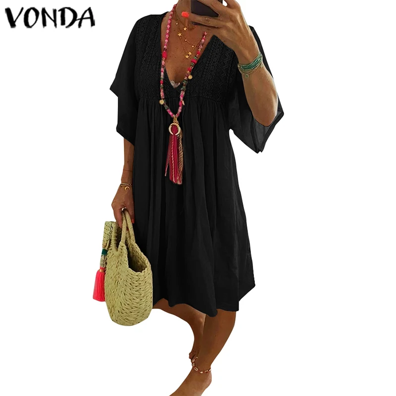 VONDA/летнее платье с коротким рукавом, повседневное хлопковое гофрированное вечернее платье с глубоким v-образным вырезом, богемное платье размера плюс, платье Fermme 5XL - Цвет: Черный