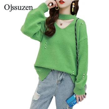 

2019 New Autumn Women Loose Sweaters Green Pink With Pearl Beading Sweaters Female Hollow Out Ladies Clothes