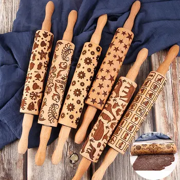 

Creative Pattern Rolling Pin Christmas Biscuit Pastry Rolling Pressing Pin Pasta Printing Carving Kitchen Baking Embossing Tool