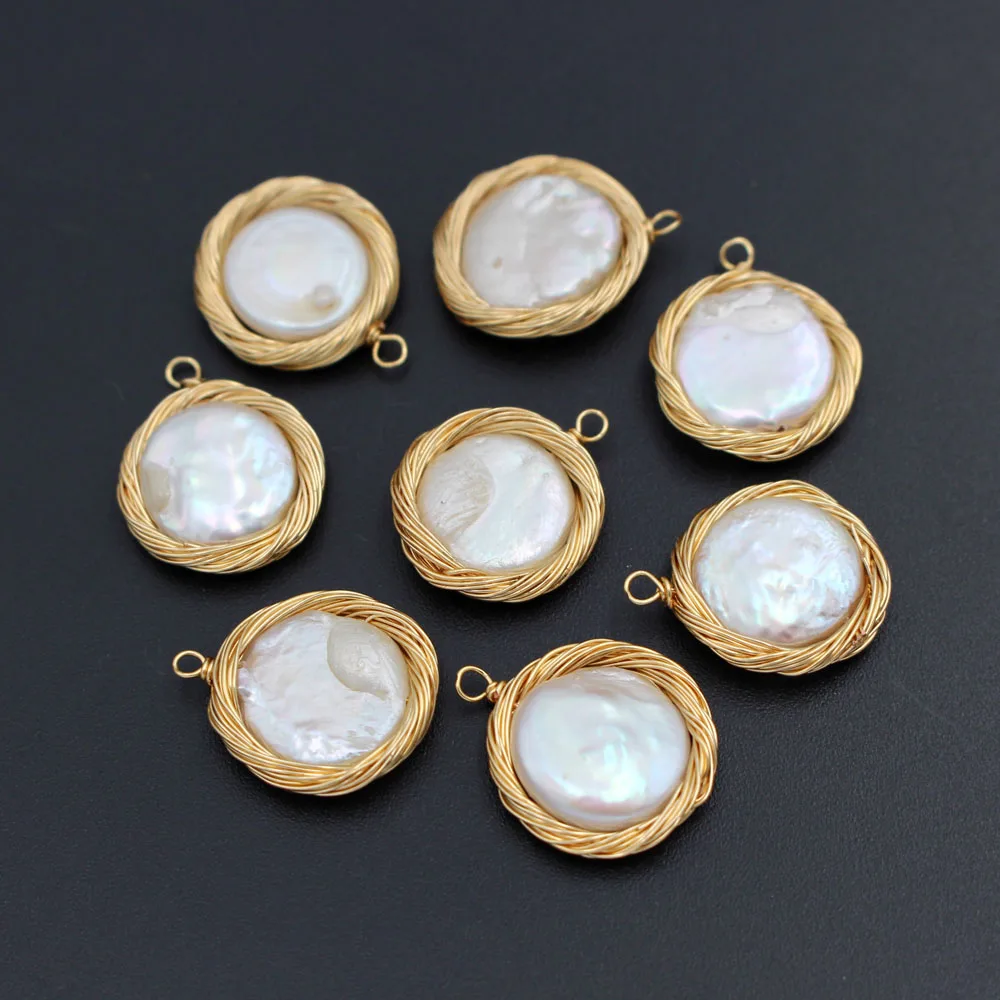 

1pc Freshwater Baroque Pearl Charms Round Flat Beads Handmade Gold color Wrapped Wired Pearls Pendant