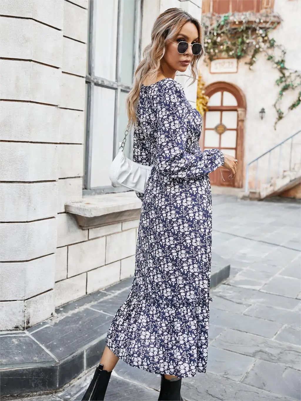 Chifirena Elegant Party Mid-Length Vintage Autumn Dress Women Square Collar Floral Print Ruffles Casual Dresses Minie Vestidos