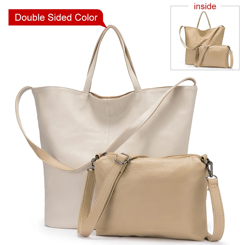 Женская сумка на плечо LOVEVOOK, набор сумок 2 шт большой емкости, складываемые мягкие сумки в руках из искусственной кожи, маленьная сумка через плечо - Цвет: beige-khaki