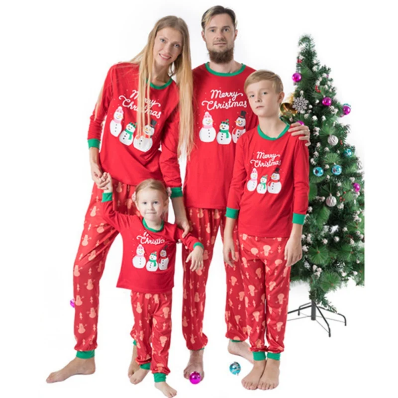 

Christmas Pajamas Hot European and American Merry Christmas Snowman Print Top Red Pants Parent-child Clothes Family Pajamas W2