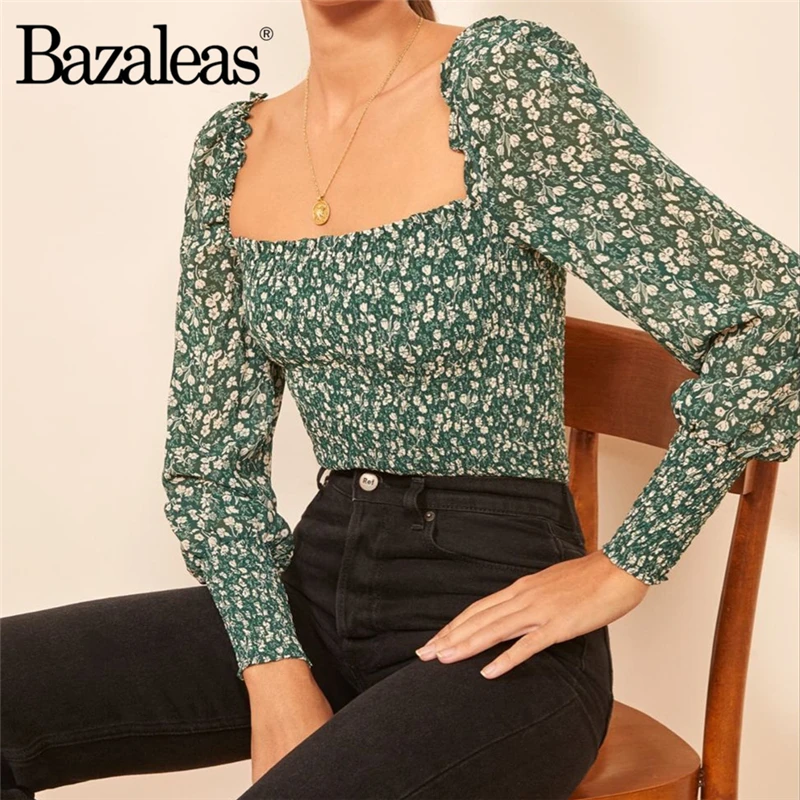 Bazaleas, Ретро стиль, эластичная женская блузка, Дворцовый зеленый цветочный принт, модные блузы с рукавом-фонариком, blusas mujer de moda