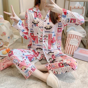 

Autumn Long Sleeve Women Pajamas Set Cardigan Lapel Cartoon Smile Girl Female Pyjamas Set Winter Women Sleep Wear 2 Piece Suit