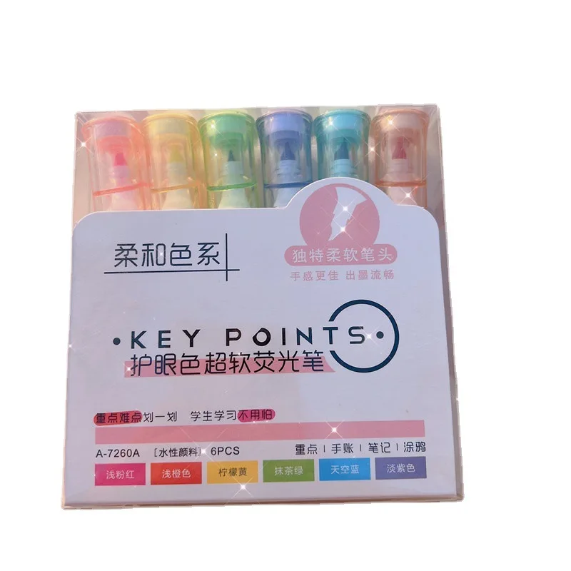 6PCS Large-Capacity Highlighter Soft Head Healing Marker Pen Key Marker Pen High-Value Student Set pen School Supplies Office