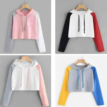 

Hoodies Sweatshirt Kpop Hoodie Gothic Women Color Block Crop Top Hooded Full Hoodie Sweatshirt Sports Wear 4 Colors