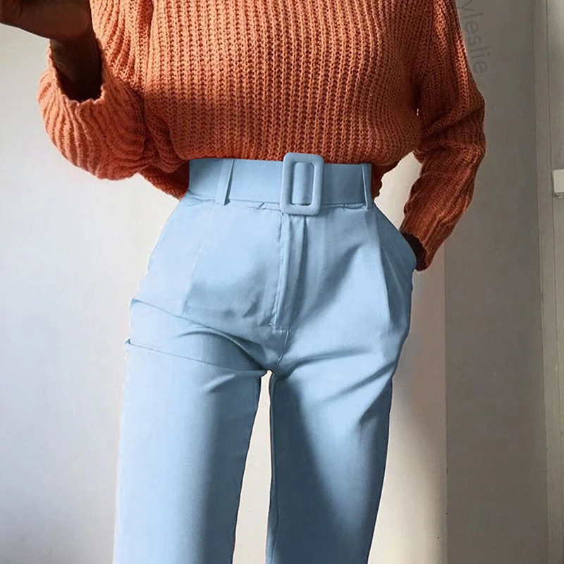 

Office Suit Pants With Belt Blue Straight Ankle Length Pants Women High Waist Elegant Trousers Fashion Female Black Pants Femme