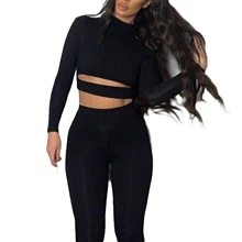 

Women Close-fitting Two-piece Solid Color Autumn Polyester Clothes Casual Set Solid Color Crop Tops and Leggings Black White
