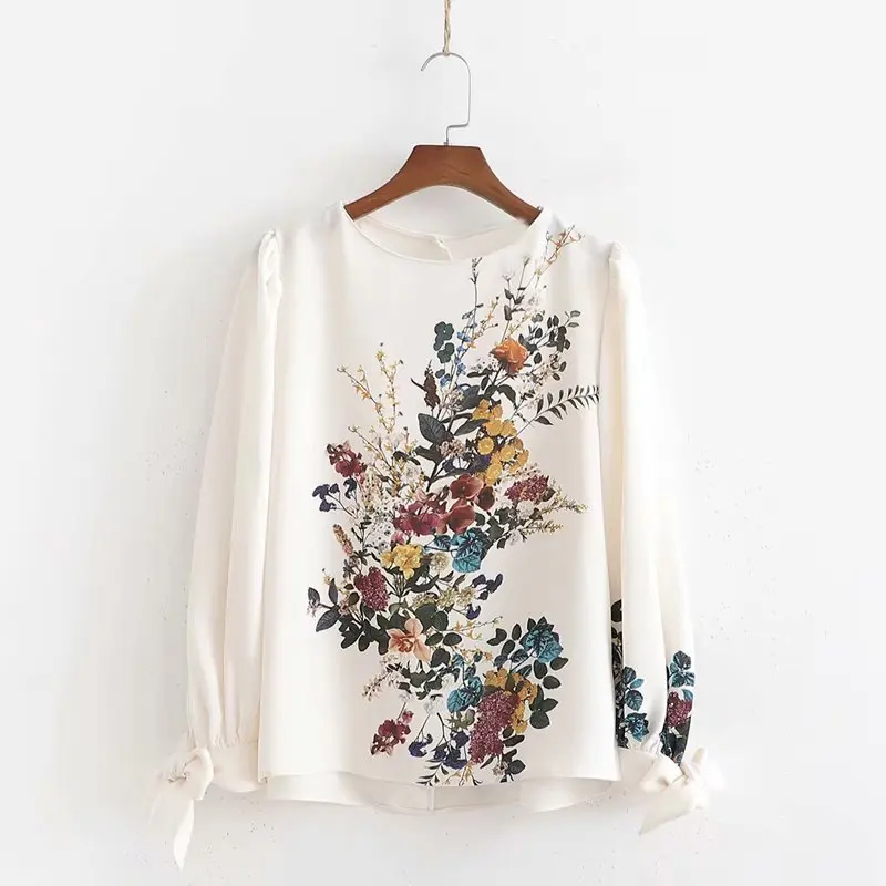 Women Flora Printed Long Sleeve Loose Style Pullover Blouse Chic Casual Spring Fall Fashion New Top Vintage Women's Blouse Shirt