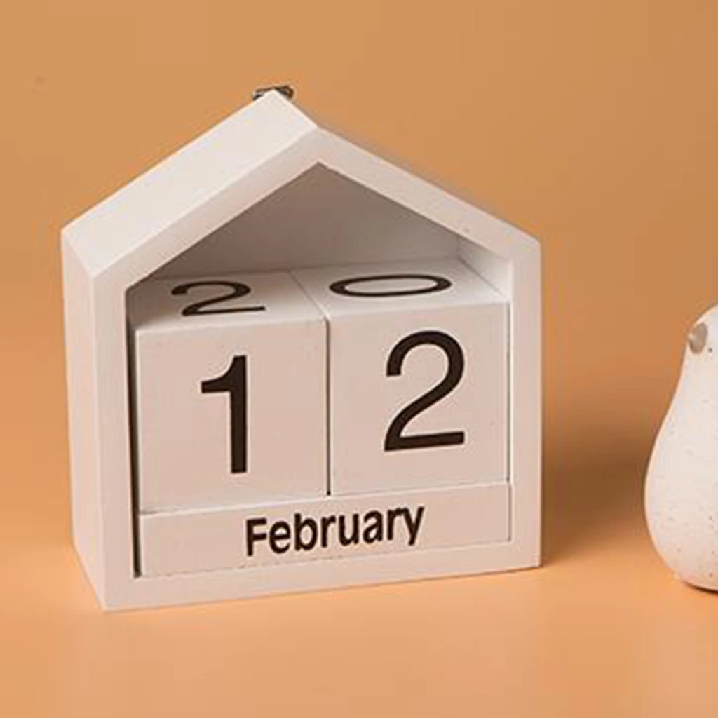 Vintage Wooden Calendar Rustic Desktop Wood Perpetual Block Calendar Month Date Display Home Office Decoration -Black/White