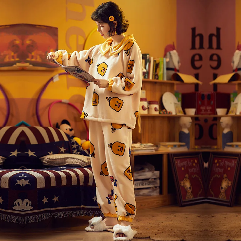 Теплые зимние пижамы для девочек из бархата кораллового цвета с отворотом и утенком; мягкая и удобная домашняя одежда с рисунком; комплект из двух предметов
