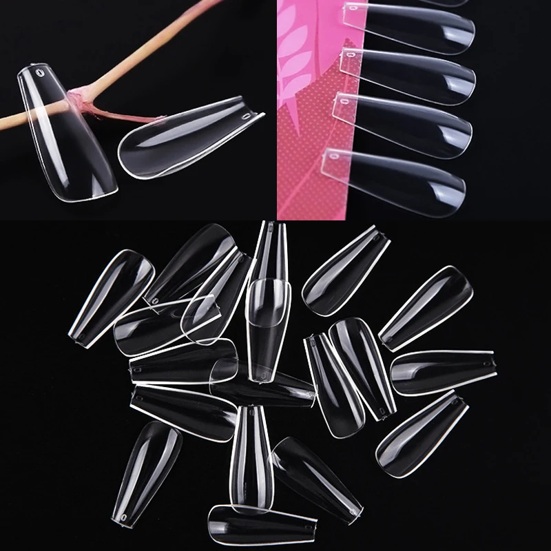 Fasle Nails Tips Coffin Acrylic Clear Full-Cover Long-Ballerina Manicure Nature-Color