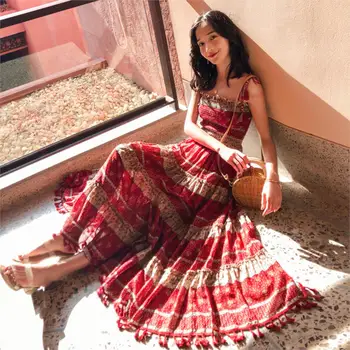 

Jastie Boho Vintage Floral Print Women Slip Maxi Dress Spring 2020 Tassel Hair Ball Elastic Vestido Retro Beach Vacation Dress