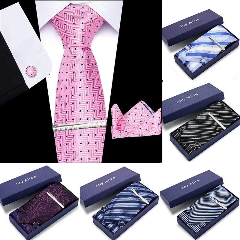 

Wedding men neck ties gift box packing men brand luxury necktie pocket square silk tie cufflinks handkerchief tie clip set