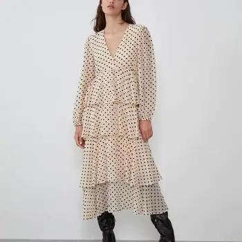 

ZA new women dress polka dot ruffle pleated lantern sleeve V neck chic ladies elegant vocation style long dress woman clothes